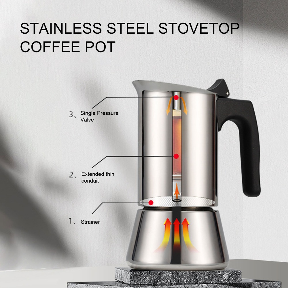 Quality Coffee Equipment - หม้อโมก้าพอทสแตนเลส ความจุขนาดใหญ่ สีเงิน หม้อโมก้าพอทสำหรับเตาแก๊ส โครงสร้างแข็งแรง เครื่องชงกาแฟเอสเพรสโซแบบใช้เตาแก๊ส